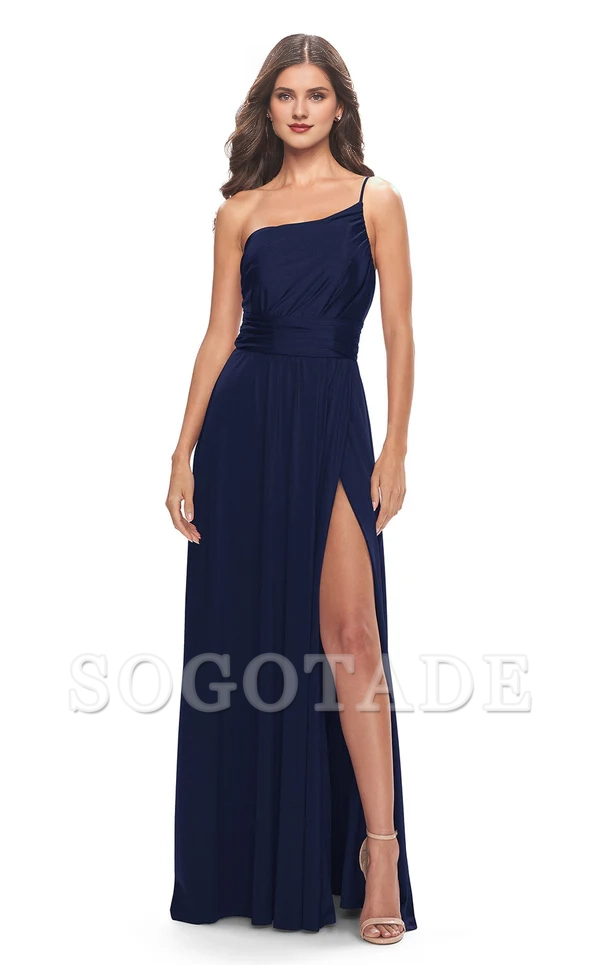 Single shoulder collar A-line tight corset with side slits and floor length Prom dress