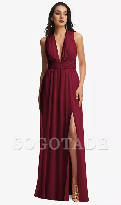 Parallel Crepe Deep V-neck backless Chiffon Long Prom Dress