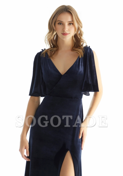 Short sleeved V-neck back zipper satin and floor length dress