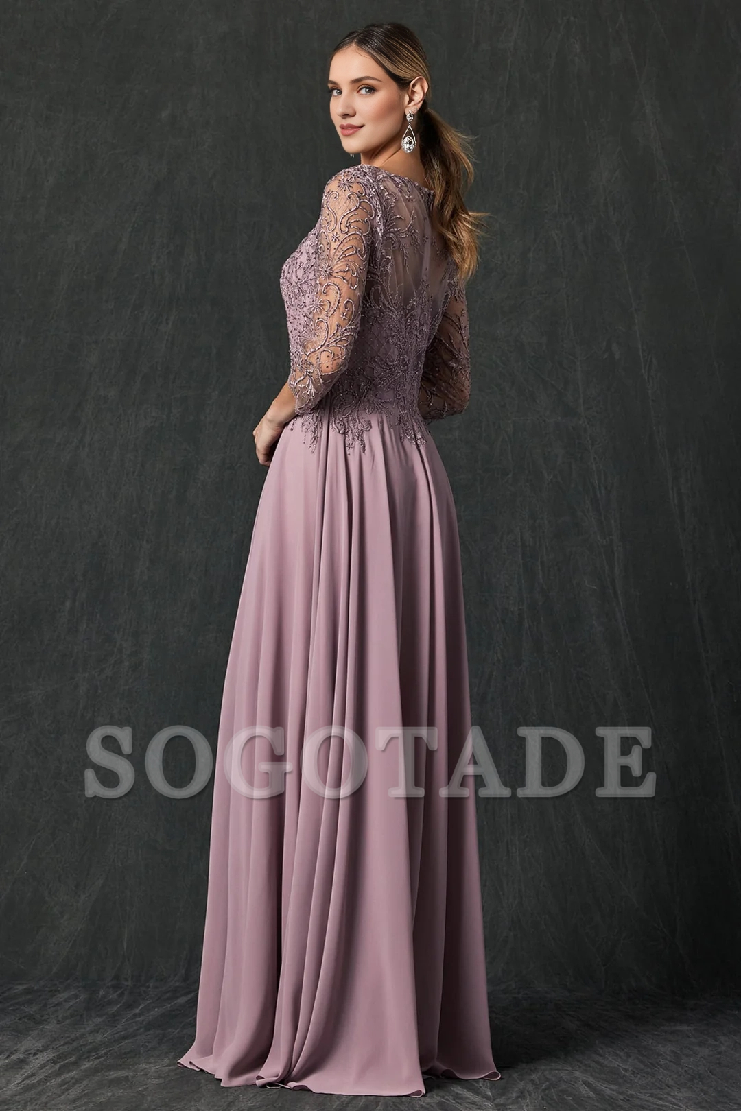 Embroidered long sleeved chiffon dress