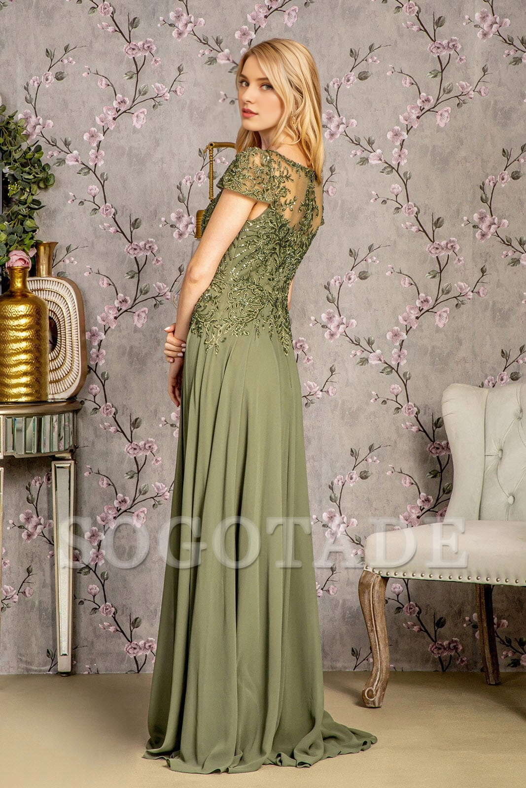 Embroidered long short sleeved chiffon dress with sequins