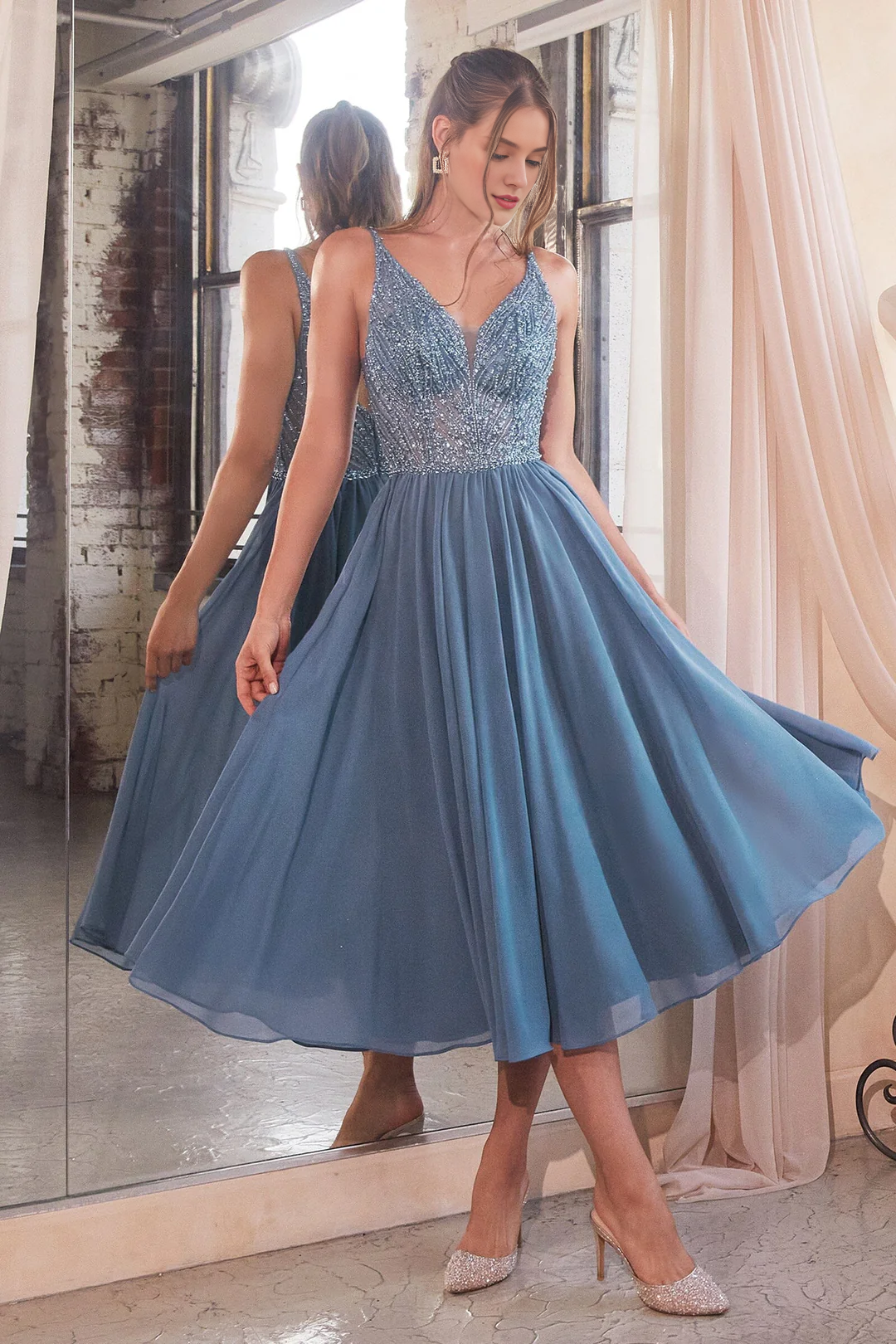 A-line bead embellished chiffon sleeveless V-neck tea long dress-SOGOTADE