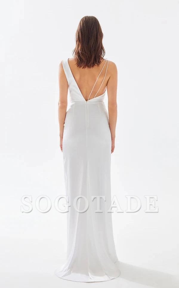 V-neck asymmetrical shoulder strap wrap and floor length evening dress