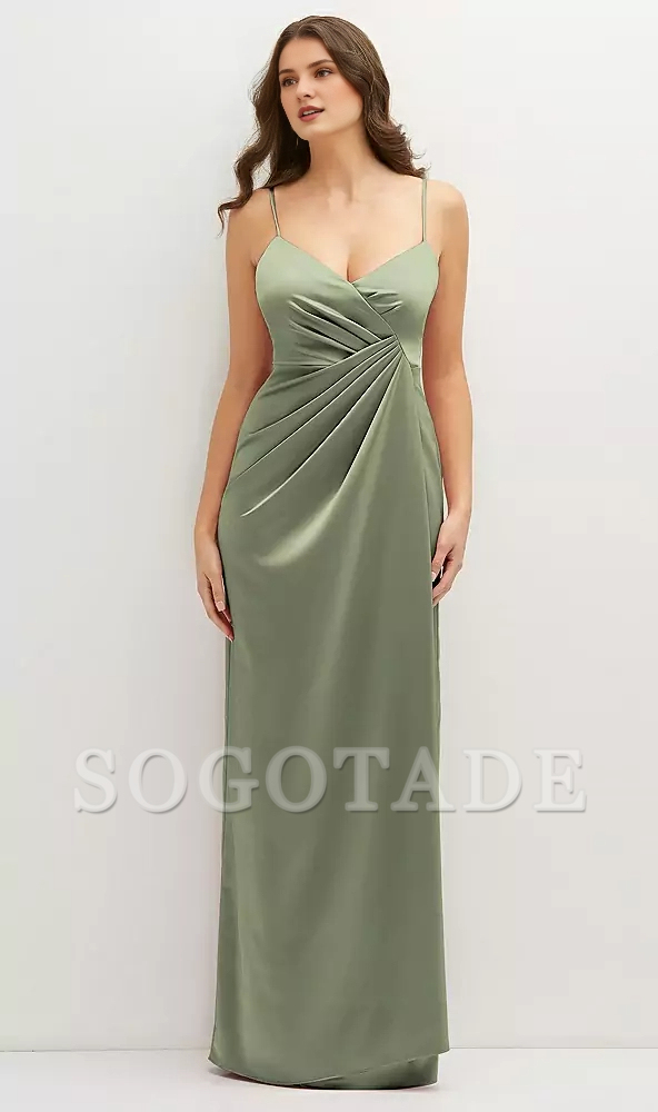 Asymmetric hanging pleats wrapped in satin with extra long Prom dress