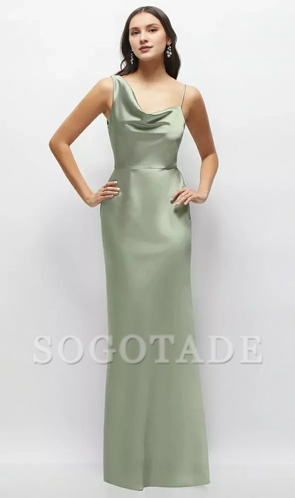 One shoulder hanging hood A-line satin ultra long bridesmaid dress