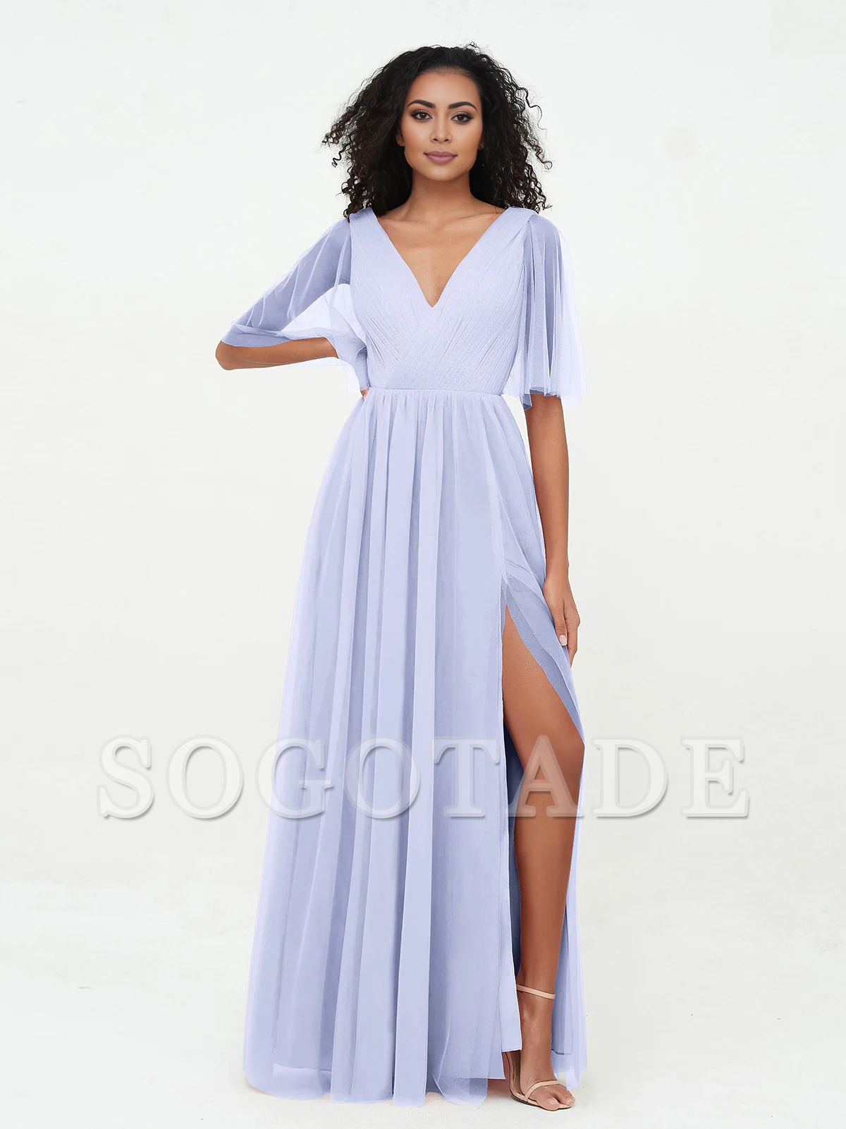A-line V-neck chiffon Max deep V-back dress