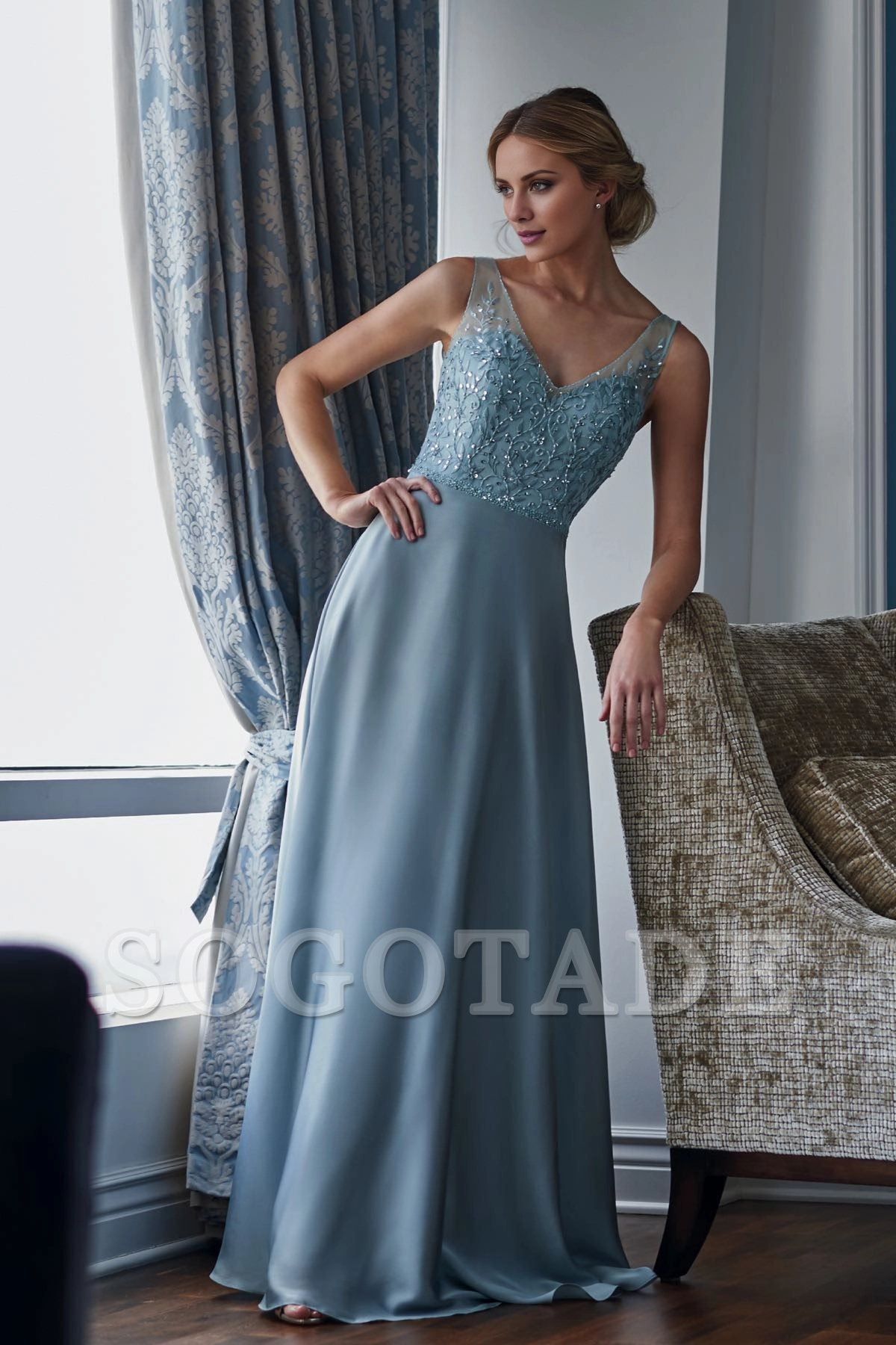 V-neck chiffon tight corset beaded mother of the bride dress