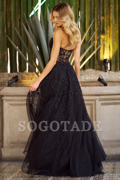 Leaf lace embroidery A-line transparent tight corset with heart-shaped collar and back strap Prom dress