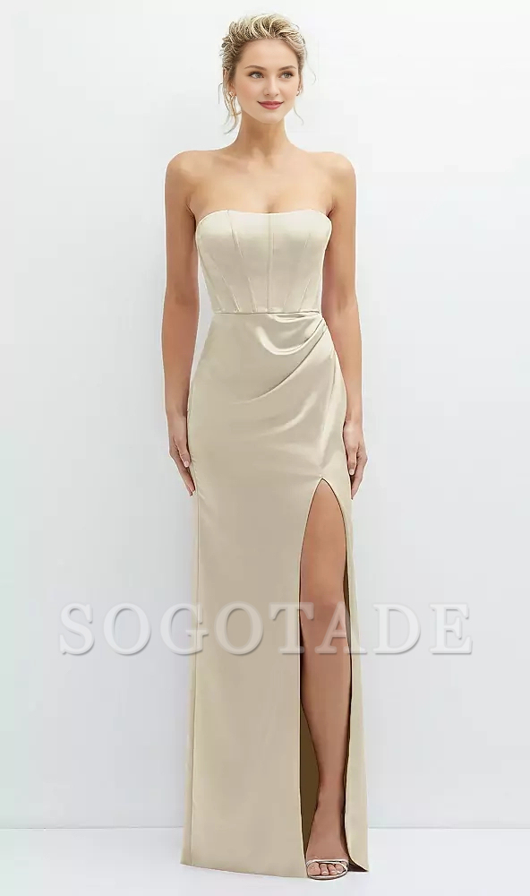 Strapless open seam tight corset satin Prom dress