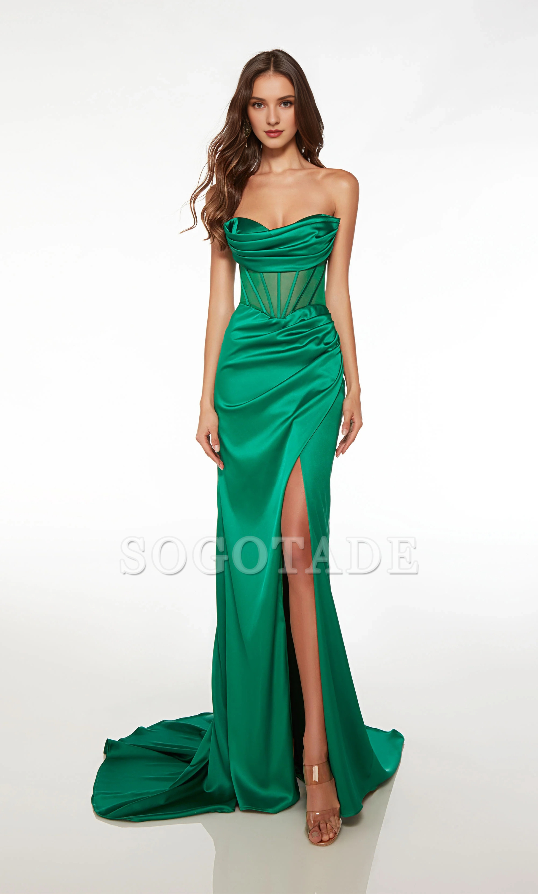 Satin off shoulder evening gown straight tube backless tight corset with front slit long formal dress