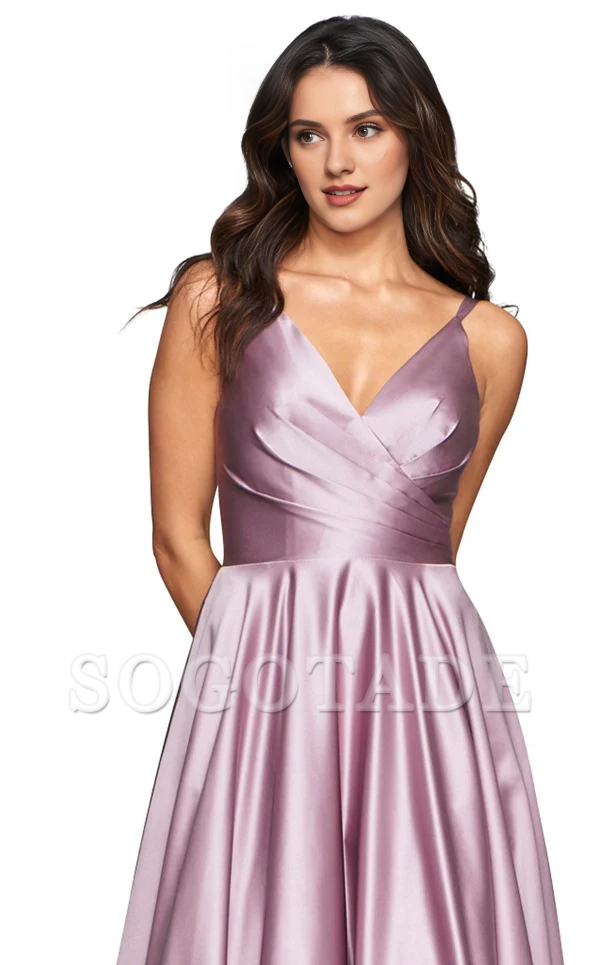 V-neck thin shoulder strap satin cross exposed back and floor length evening dress