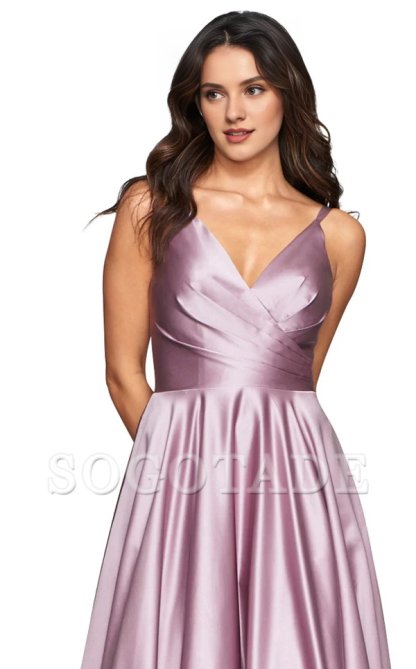 V-neck thin shoulder strap satin cross exposed back and floor length evening dress