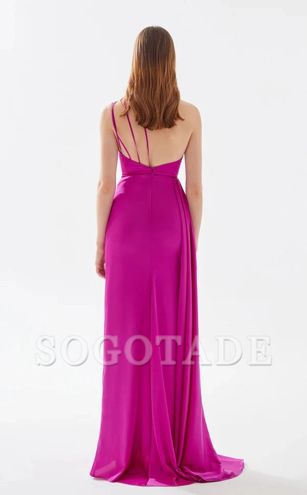 Asymmetric neckline backless side slit and floor length evening dress