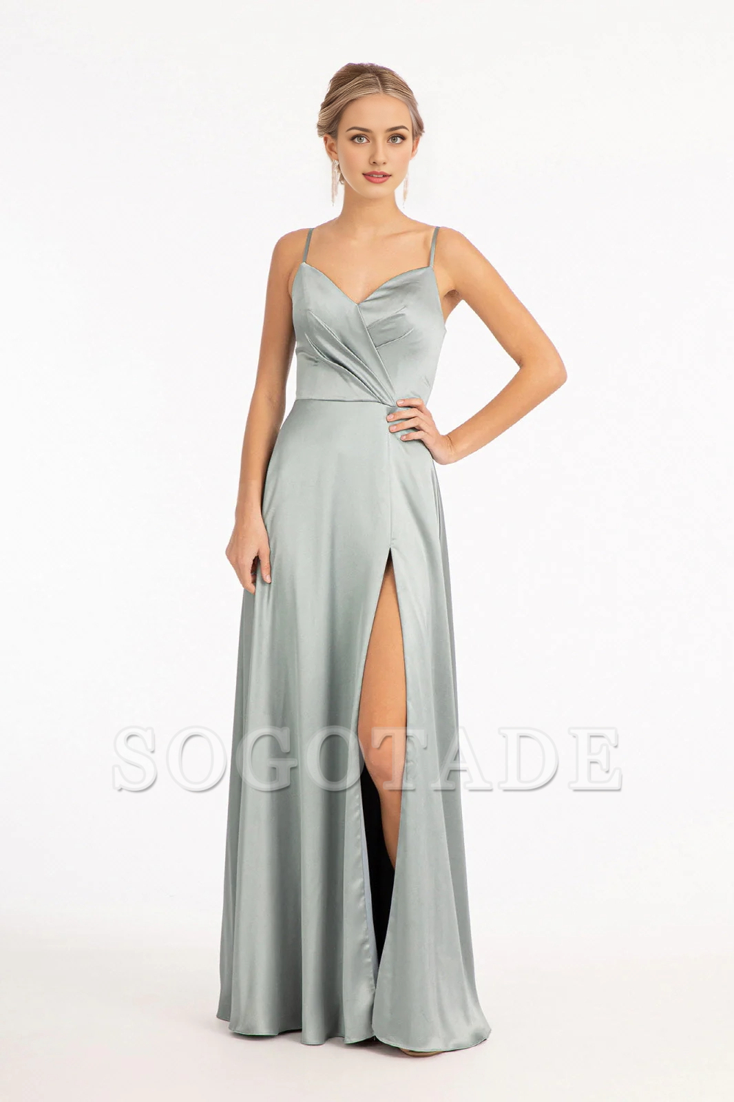 A-line slit skirt satin V-neck long dress