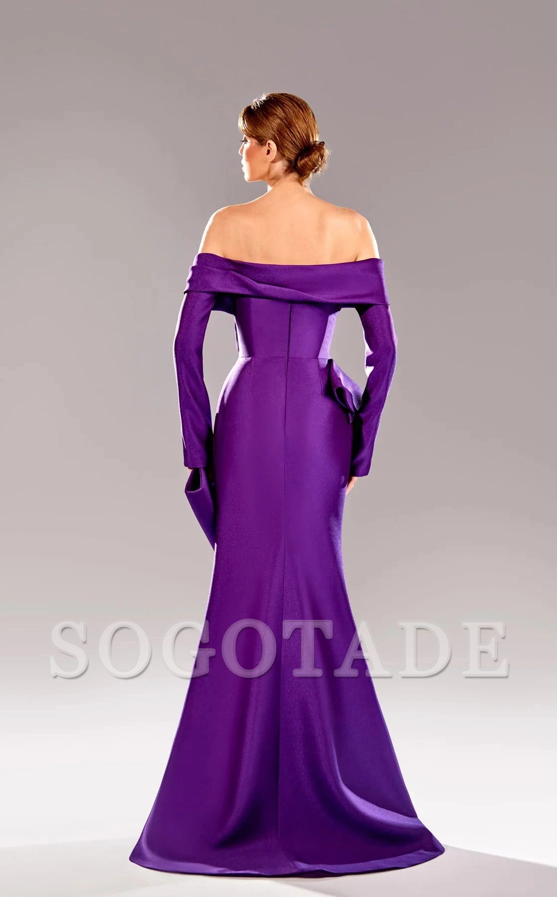 Off shoulder collar long sleeved satin mermaid side slit and floor length Prom dress