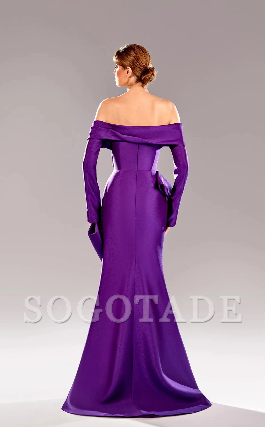 Off shoulder collar long sleeved satin mermaid side slit and floor length Prom dress