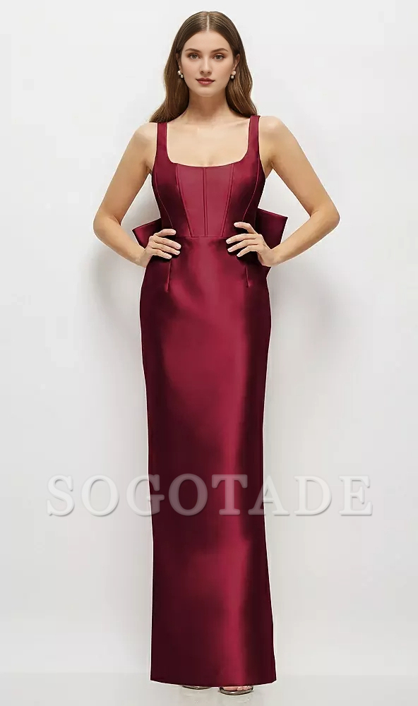 Bow low round neck tight corset satin and floor length bridesmaid dress
