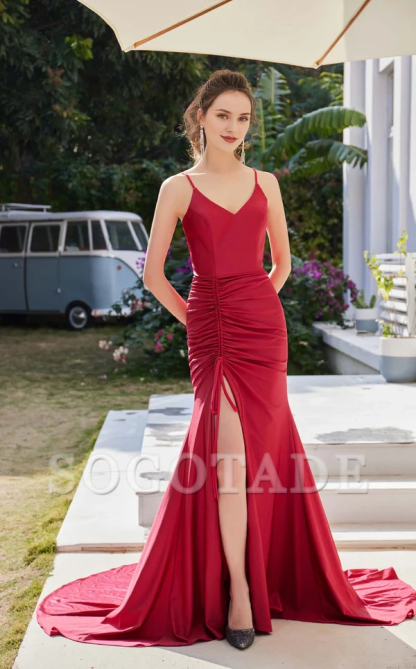 V-neck thin shoulder strap with exposed back side slit and floor length evening dress