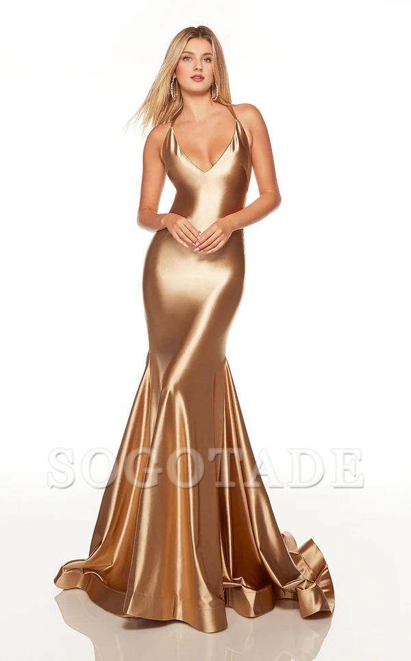 Deep V-neckline thin shoulder straps satin tight corset and floor length Prom dress