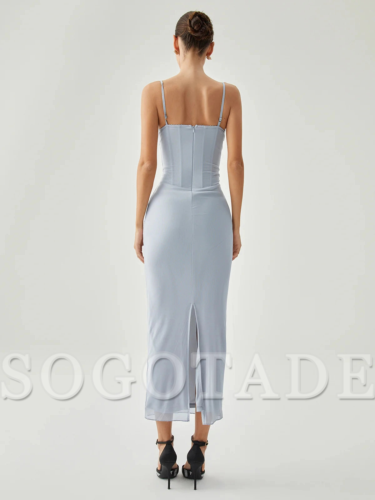 Ribbed hanging slit mesh vest long gowns even dresses