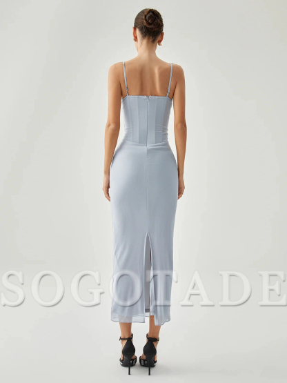 Ribbed hanging slit mesh vest long gowns even dresses