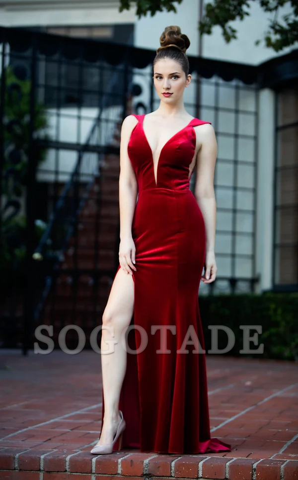 Deep V-neck backless slit and floor length Prom dress