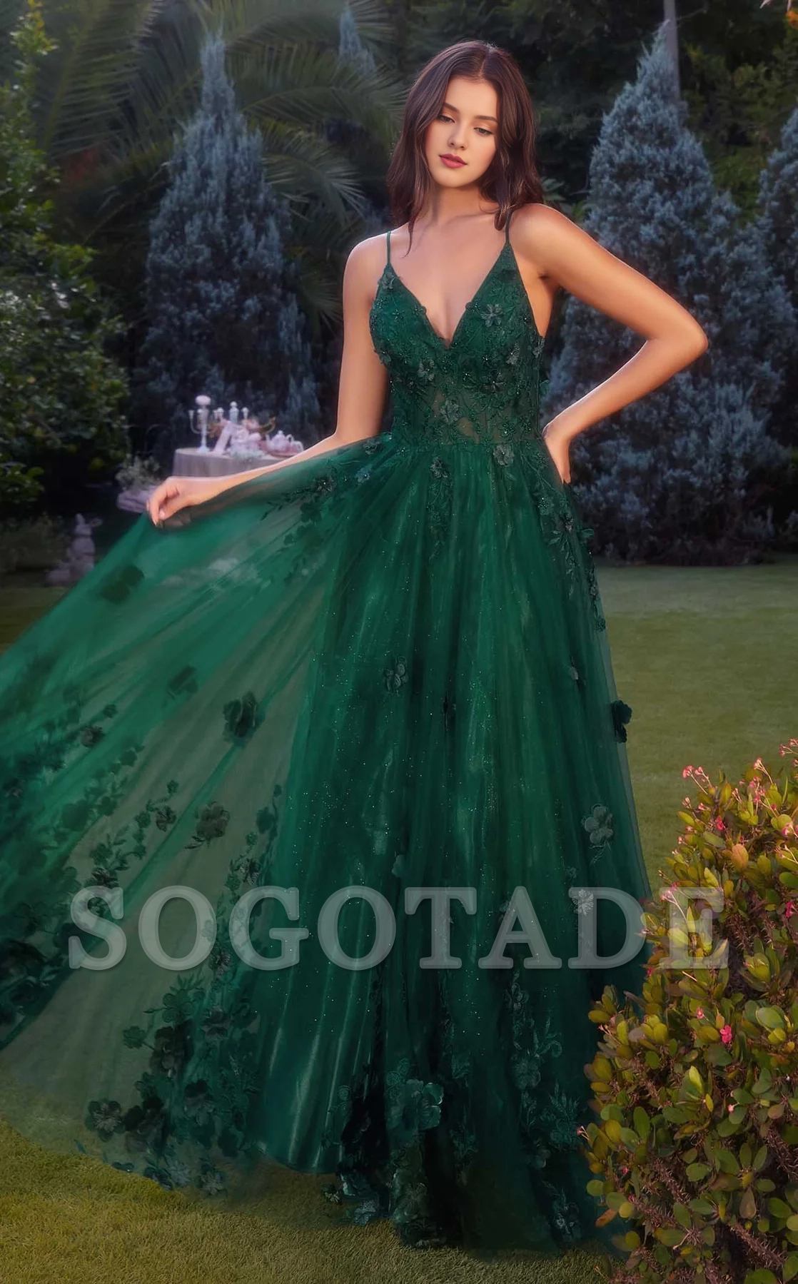 A-line 3D floral decal chiffon thin shoulder strap Prom dress-SOGOTADE