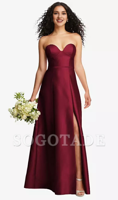 Front slit strapless tight corset A-line satin Prom dress