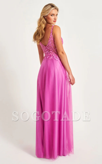 V-neck tight corset lace applique chiffon and floor length Prom dress