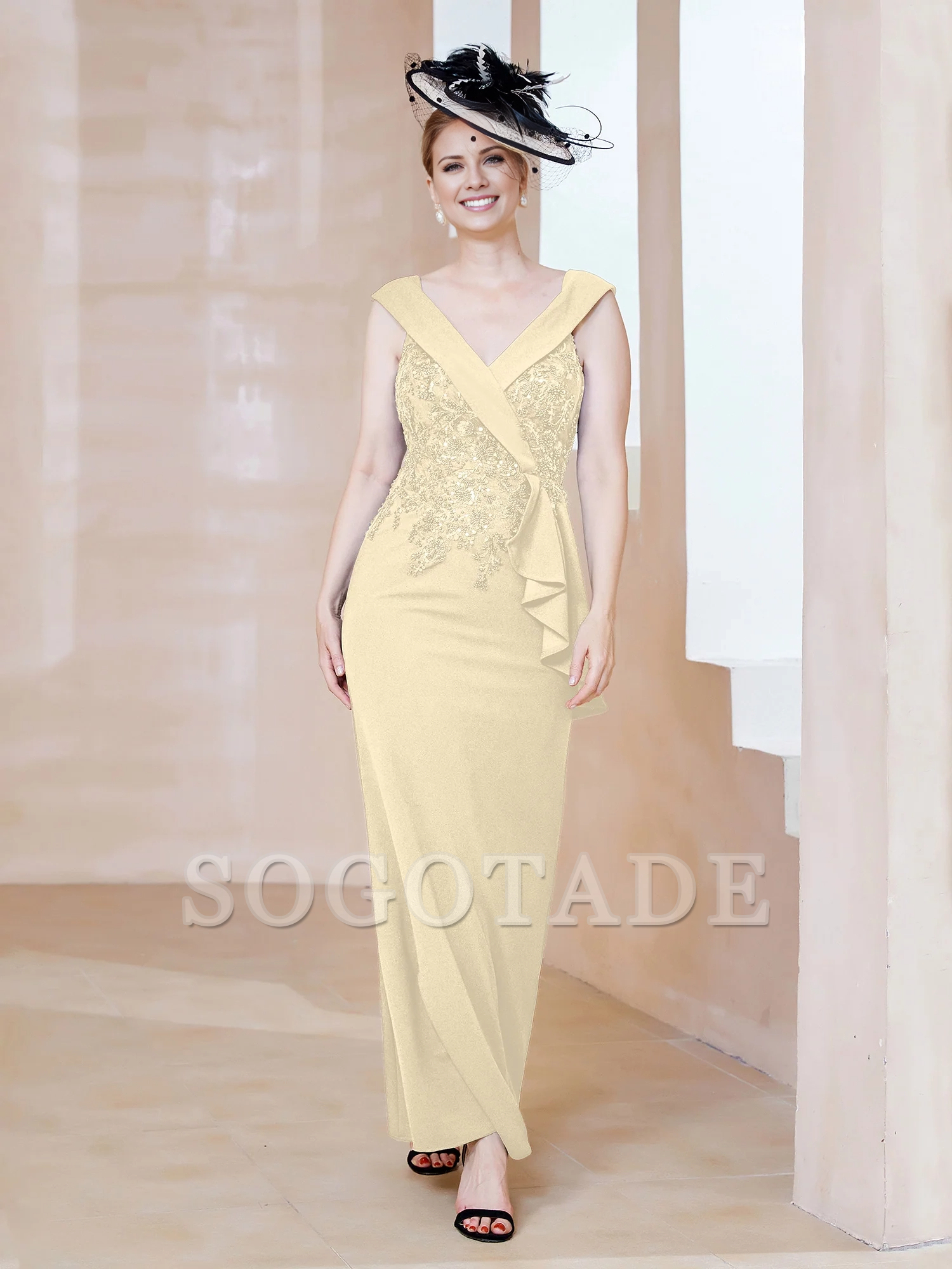 V-neck sleeveless and ground mother of the bride dress