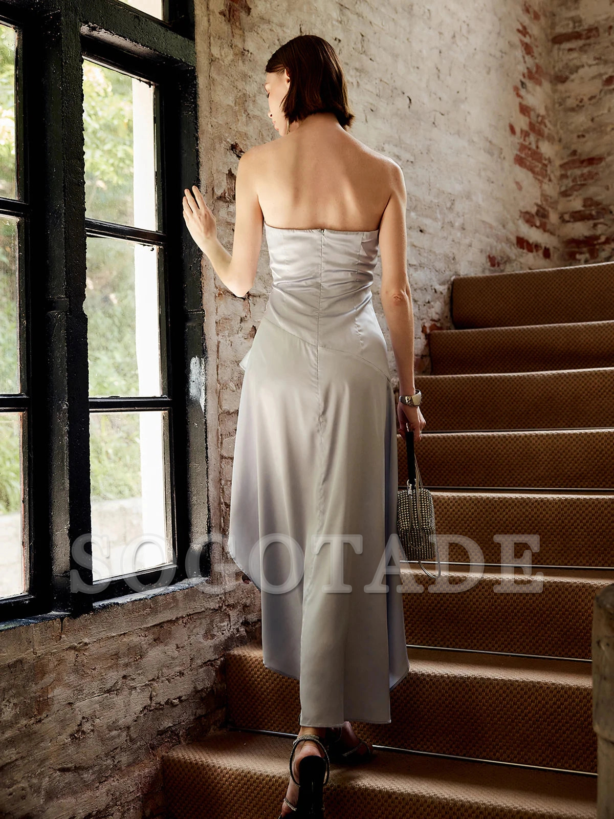 Asymmetric ruffle edge strapless godons even dresses