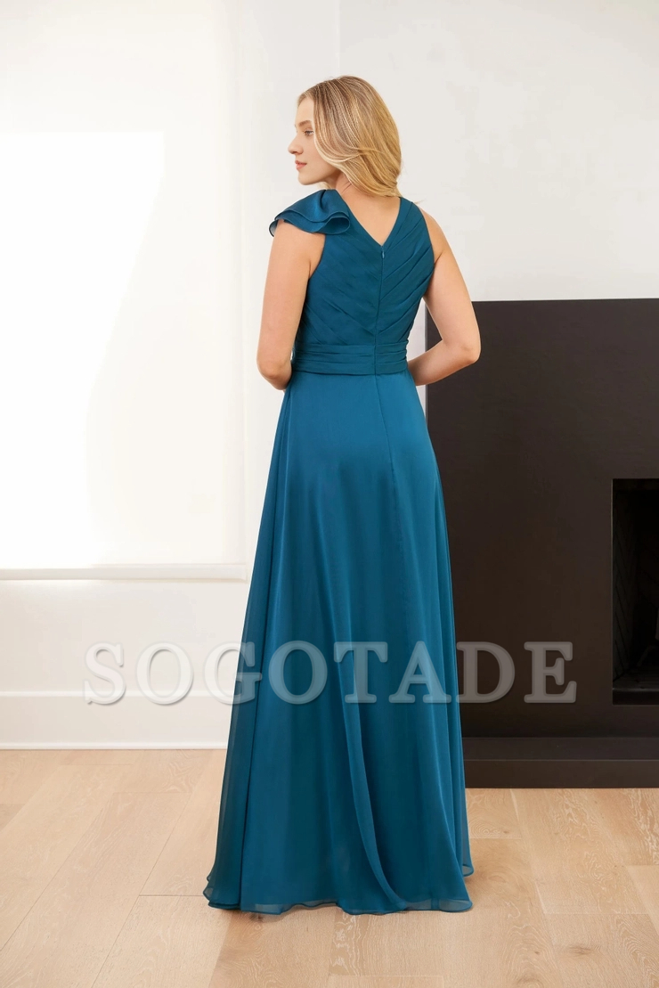 Chiffon A-line V-neck front slit with ruffled edge for evening dress
