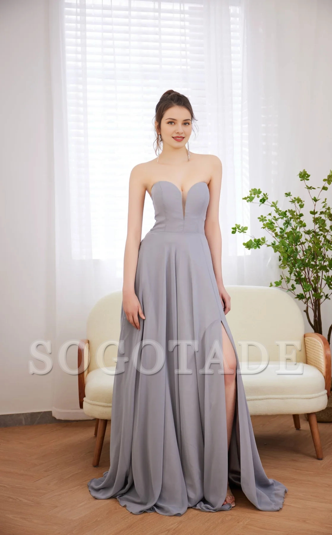 A-line heart-shaped neckline without shoulder straps and floor length evening dress-SOGOTADE