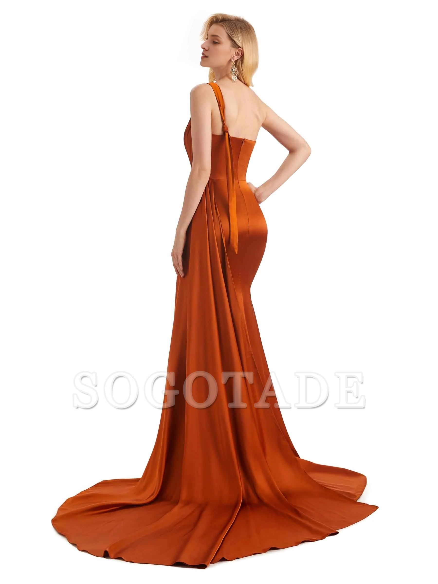 Sexy side slit shoulder long soft satin unique mermaid bridesmaid dress