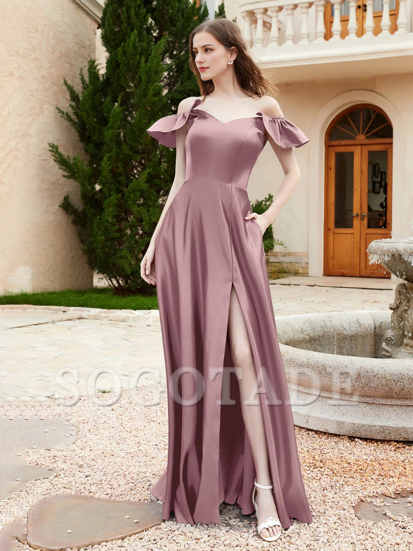 Pocket off shoulder satin bridesmaid dress