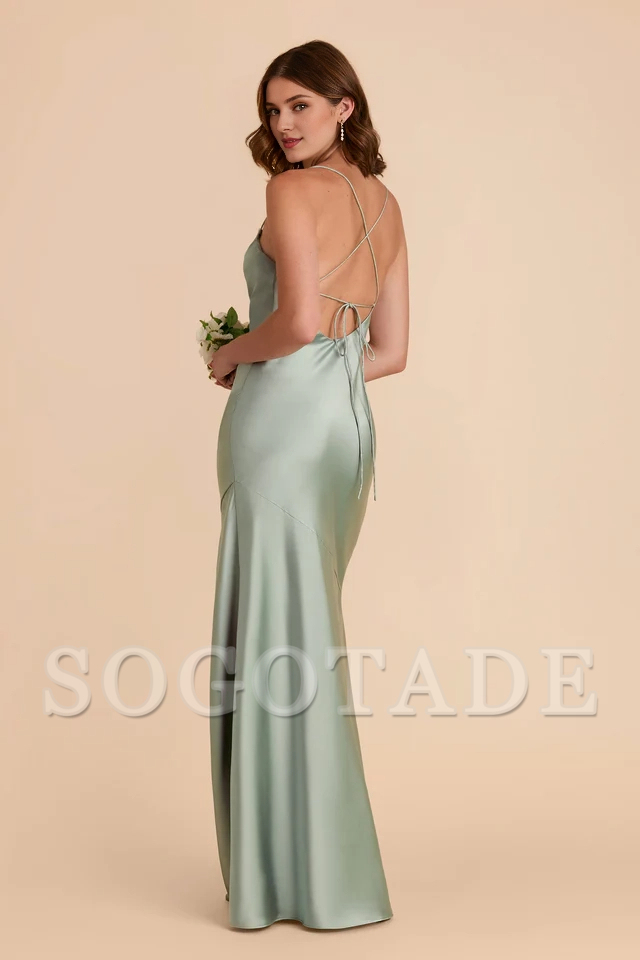 A-line neck hanging thin shoulder strap scarf with slit bridesmaid dress