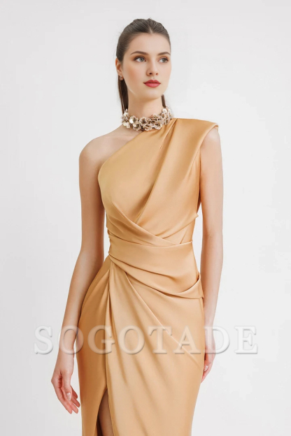 Tight/Column style Evening Dress Elegant Dress Formal and Floor length Sleeveless Single Shoulder Pocket Satin Decal Gowns Evening Dresses