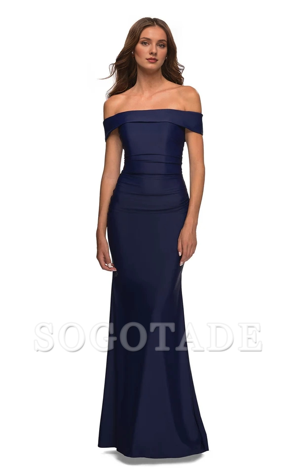 Off shoulder sleeve plain knit fitted back zipper and floor length Prom dress