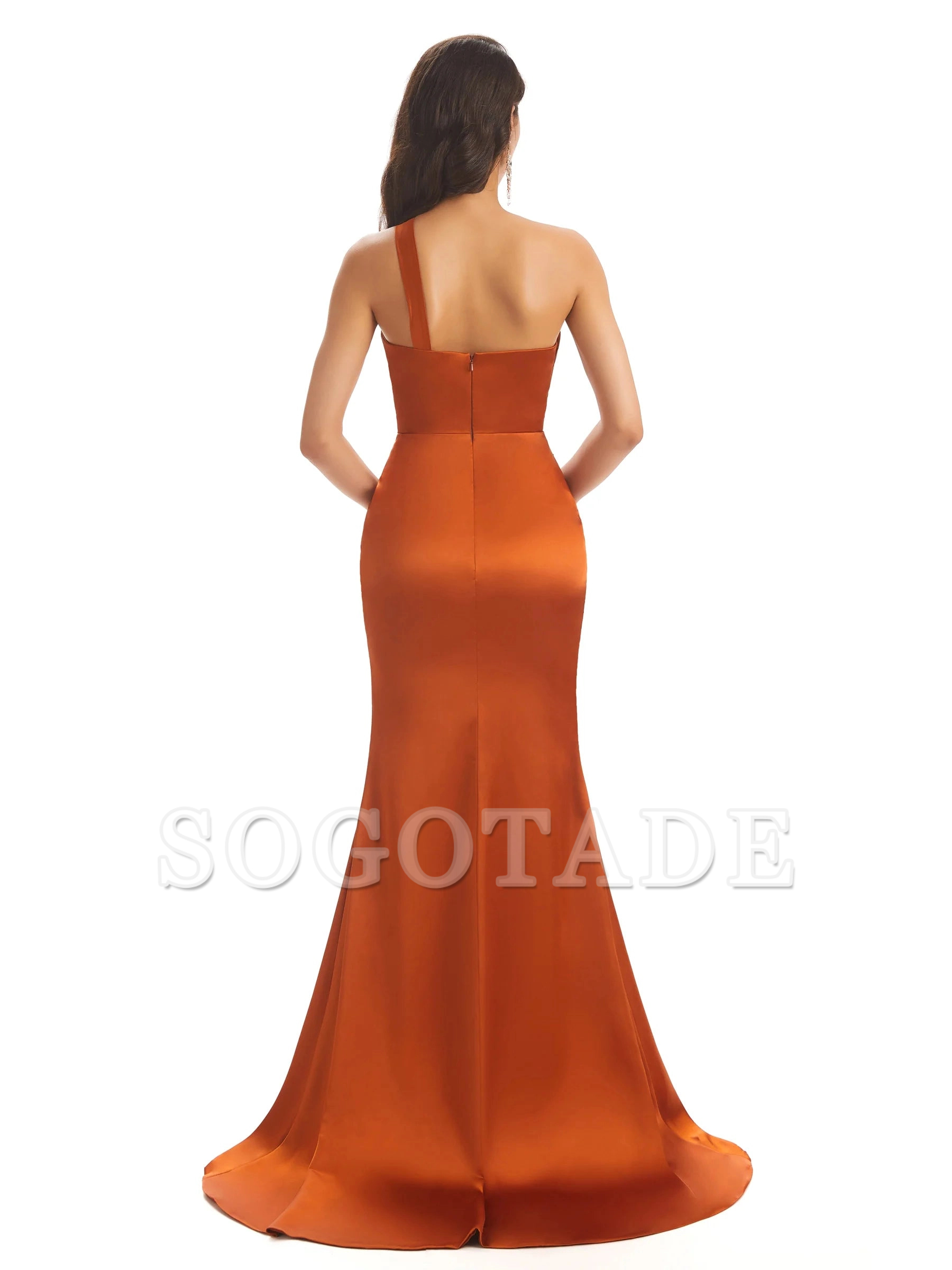 Sexy soft satin side slit one shoulder long fish tail bridesmaid dress