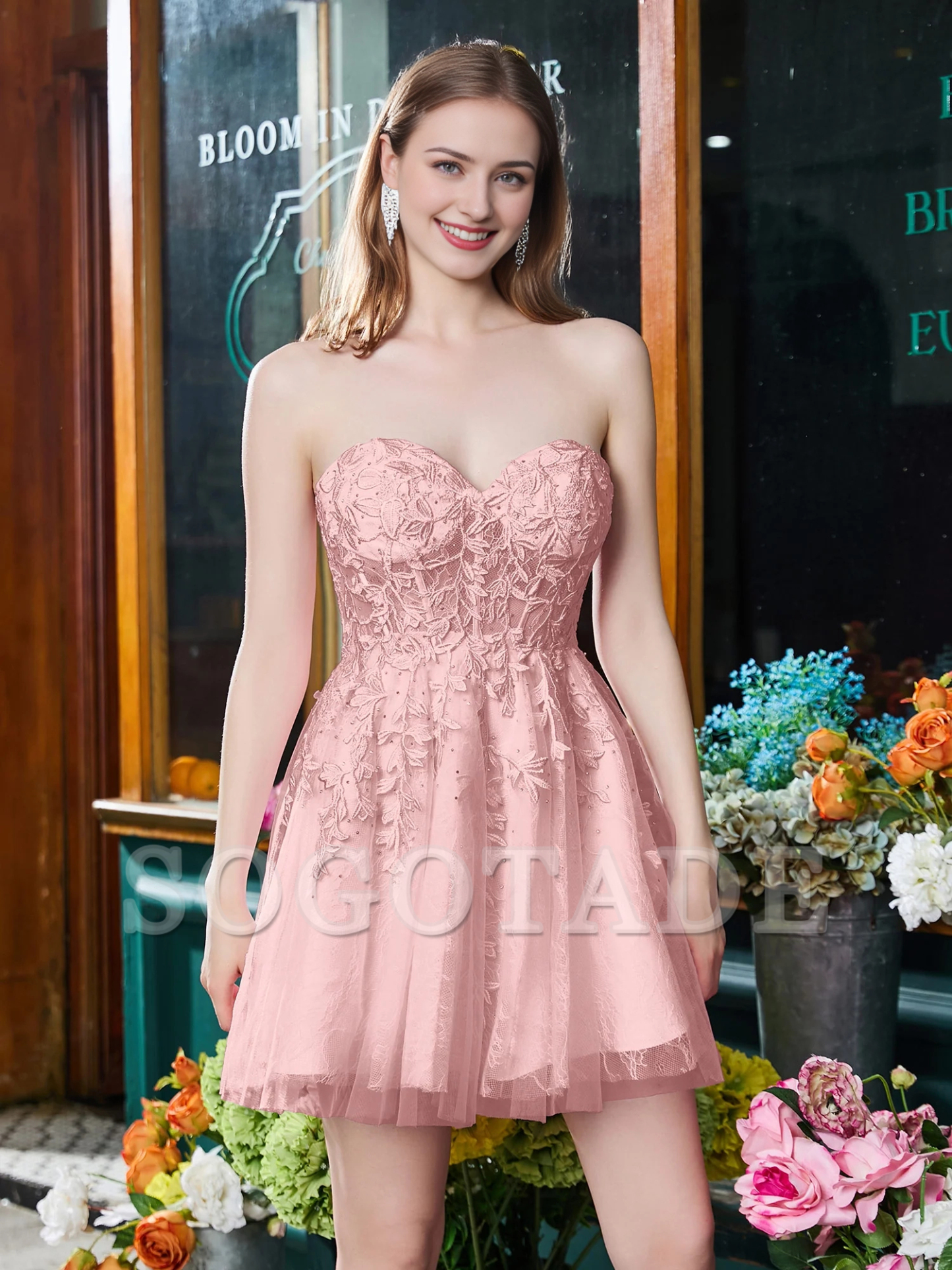 Sweetheart strapless decal strap A-line mini Homecoming dress