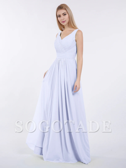 V-neck full-length chiffon pleated dress