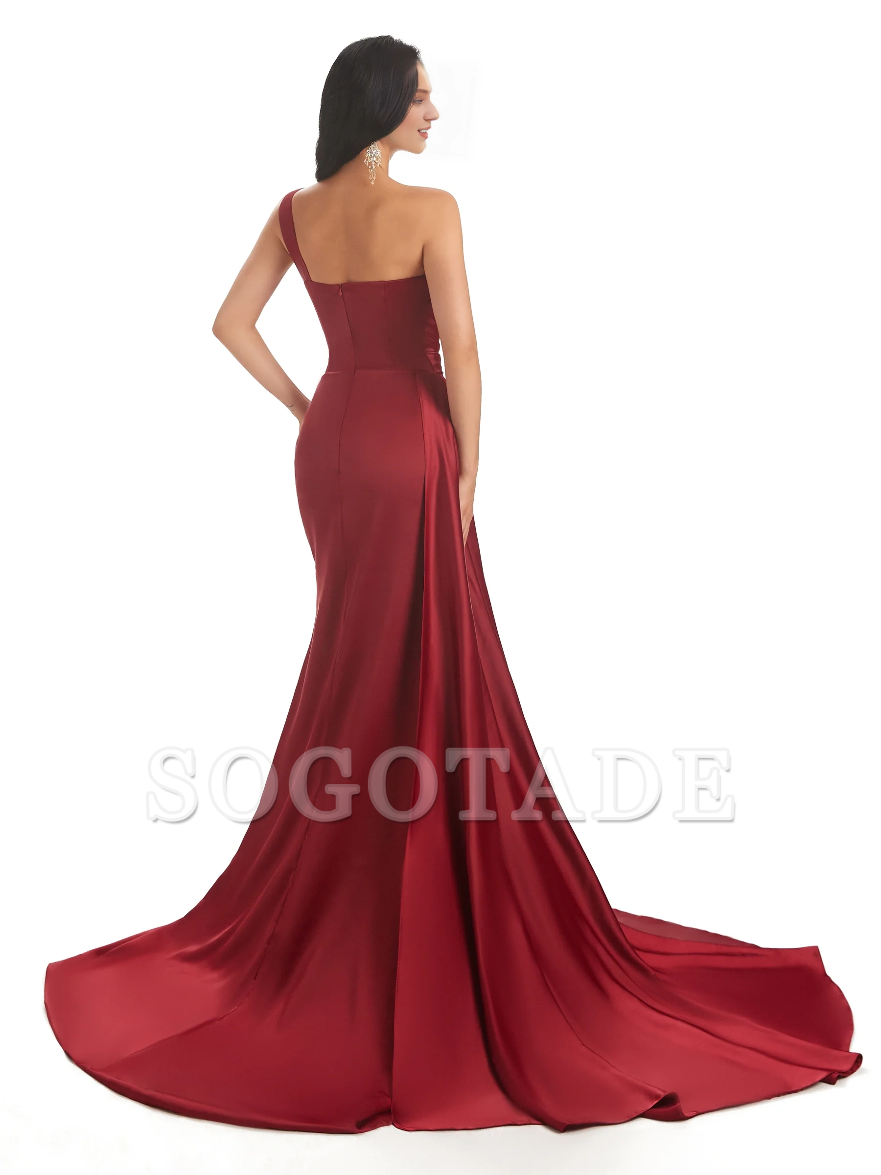 Sexy and soft satin side slit one shoulder fish tail long wedding bridesmaid dress