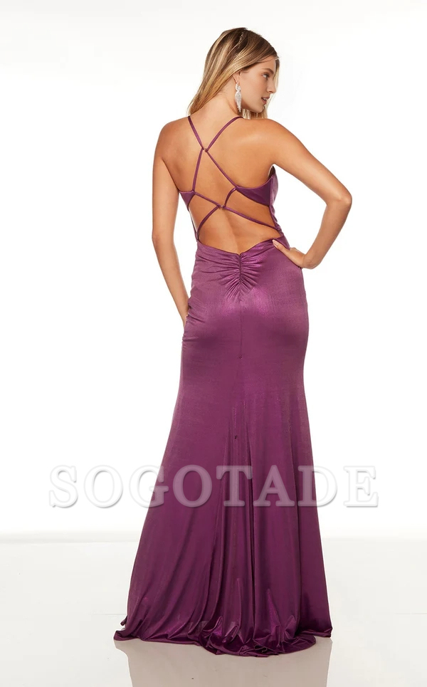 Deep V-neck thin shoulder strap satin high slit and floor length Prom dress