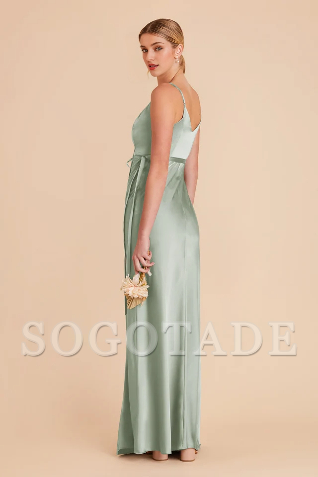 V-neck thin shoulder strap wrapped chiffon bridesmaid dress