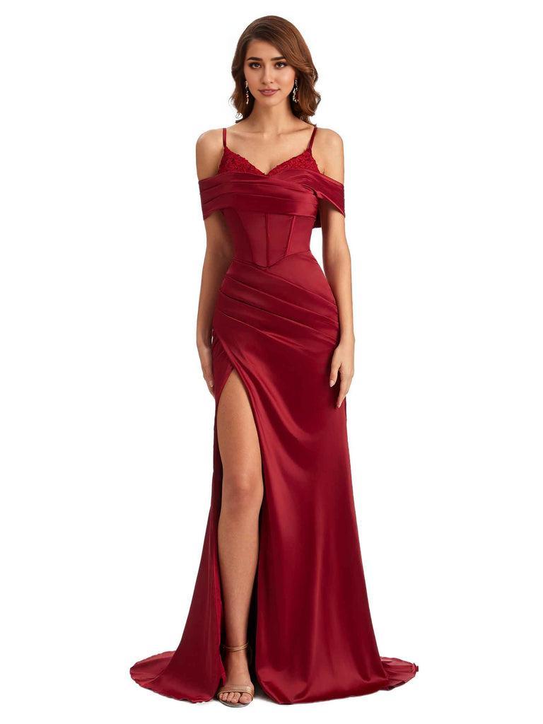 Sexy Side Slit Mermaid Silky Satin V-Neck Cold Shoulder UniqueDresses