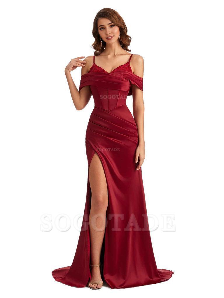 Sexy Side Slit Mermaid Silky Satin V-Neck Cold Shoulder Unique Nice Wedding Guest Dresses