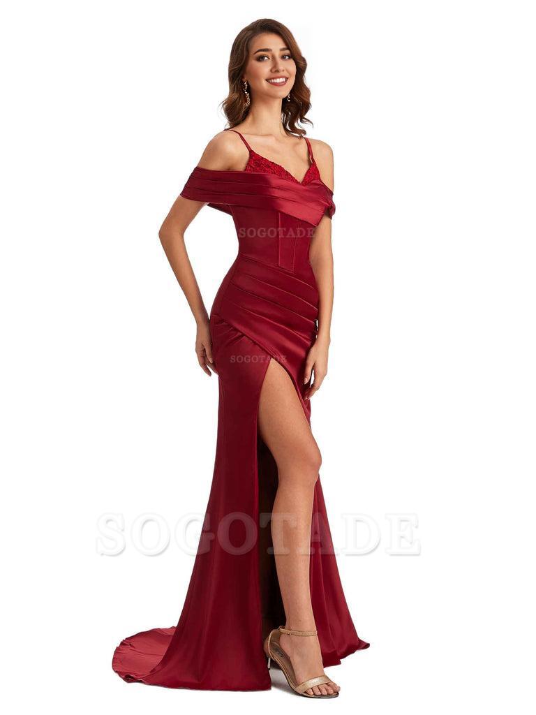  Sexy Side Slit Mermaid Silky Satin V-Neck Cold Shoulder Unique Nice Wedding Guest Dresses