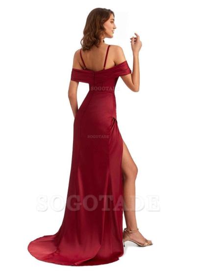  Sexy Side Slit Mermaid Silky Satin V-Neck Cold Shoulder Unique Nice Wedding Guest Dresses