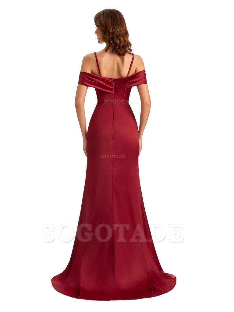  Sexy Side Slit Mermaid Silky Satin V-Neck Cold Shoulder Unique Nice Wedding Guest Dresses
