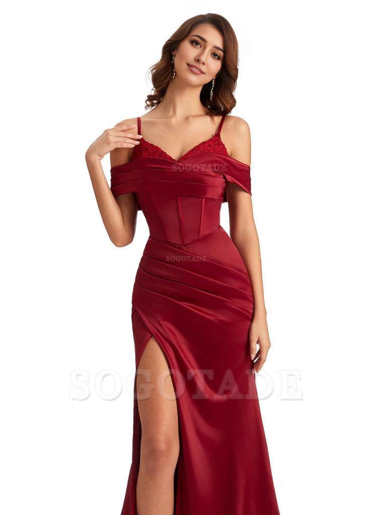  Sexy Side Slit Mermaid Silky Satin V-Neck Cold Shoulder Unique Nice Wedding Guest Dresses